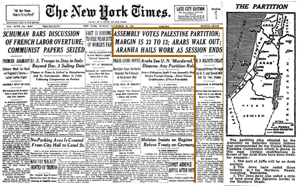 Os judeus começaram a exercer pressão sobre os EUA, que cederam e apoiaram, juntamente com a ONU, a divisão da Palestina em três partes: uma judaica, outra árabe e outra (a cidade de Jerusalém), internacionalizada.