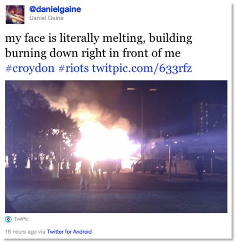As notícias de que um protesto contra a morte de Mark Duggan pela polícia tinha escalado para a violência eram trocadas entre os utilizadores do Twitter muito antes de os jornalistas chegarem ao local.