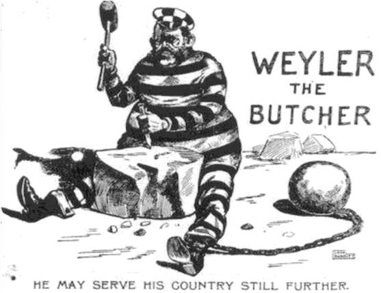 O General Valeriano Weyler, responsável pelas forças espanholas em Cuba, era apelidado de «Butcher Weyler» [«Carniceiro Weyler»] pelos media. 