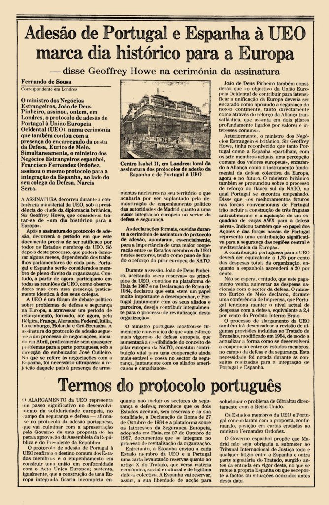 Adesão de Portugal e Espanha à UEO marca dia histórico para a Europa