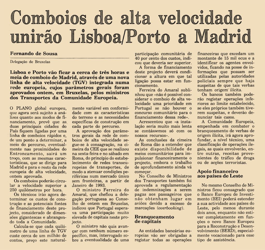 Comboios de alta velocidade unirão Lisboa/Porto a Madrid