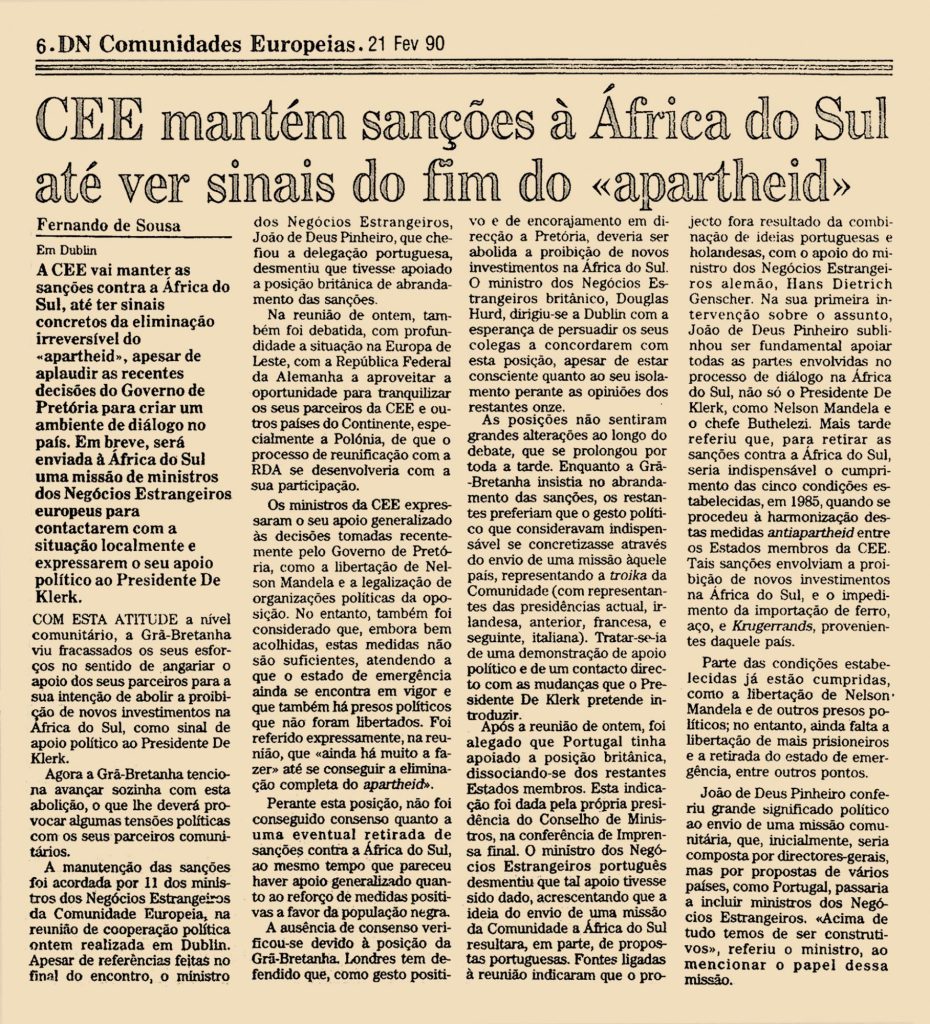 CEE mantém sanções à África do Sul até ver sinais do fim do “apartheid”