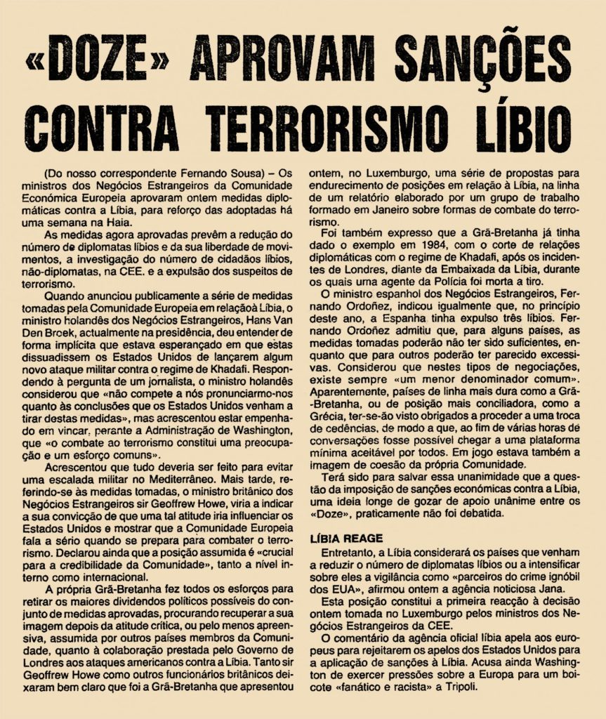 “Doze” aprovam sanções contra terrorismo líbio