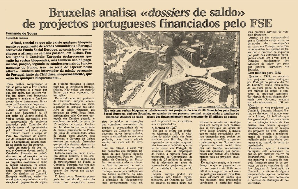 Bruxelas analisa “dossiers de saldo” de projectos portugueses financiados pelo FSE