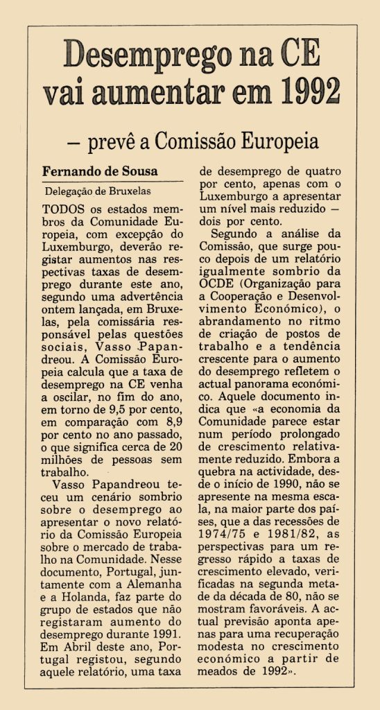 Desemprego na CE vai aumentar em 1992
