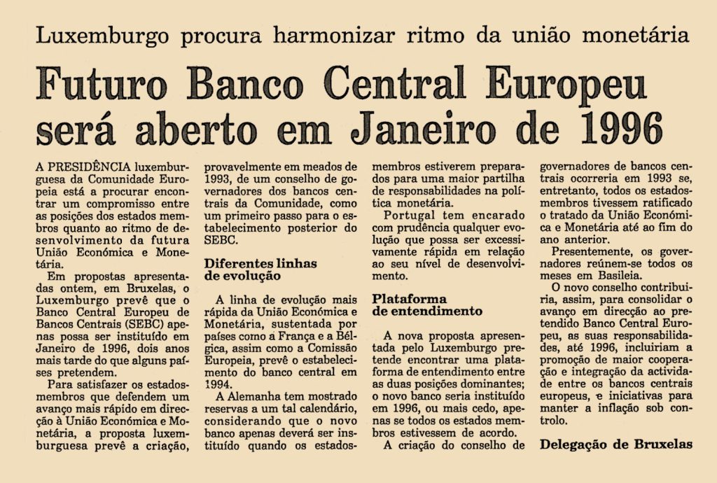 Futuro Banco Central Europeu será aberto em Janeiro de 1996