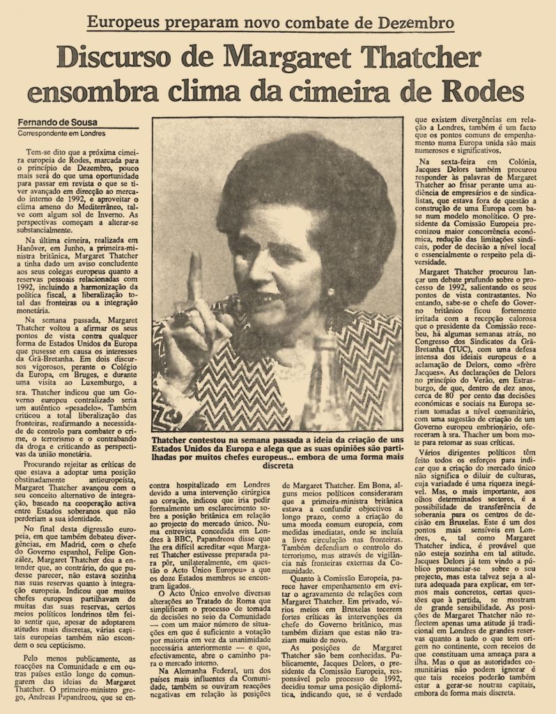 Discurso de Margaret Thatcher ensombra clima da cimeira de Rodes