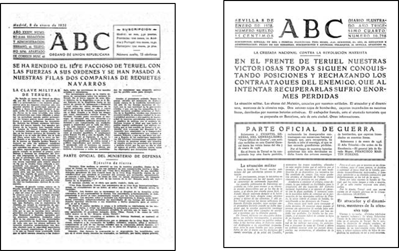 “Se ha rendido el jefe faccioso de Teruel con las fuerzas a sus órdenes y se han pasado a nuestras filas dos compañías de requetés navarros”, podia ler-se na edição de Madrid do jornal ABC, uma tentativa de manter a moral das populações. A edição de Sevilha publicava notícias contrastantes: “Nuestras victoriosas tropas siguen conquistando posiciones”