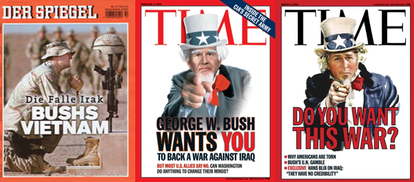 As capas da imprensa a questionar o governo e toda a guerra proliferavam, tornando a guerra do Iraque no conflito mais mediático de sempre.